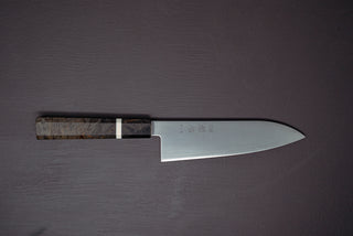 Hayabusa Silver3 Migaki Santoku 180mm w/ Birch Handle with white spacer - The Cook's Edge